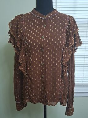 Bl^nk Anthropologie Sheer Brown Gold Ruffle Button-Front Women's Blouse Large